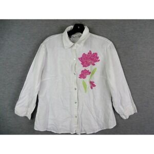 Edward Womens‎ Shirt Large White 100% Linen Embroidered Floral Coastal Beaded